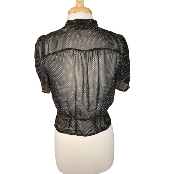 FLETCHER by LYELL Black Sheer Print Tie Neck Short Sleeve Blouse sz Small - Picture 4 of 7